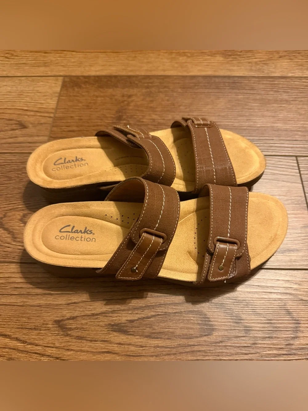 Clarks April Dusk Brown Buckle Comfort Straps Slide Sandals Wedge Women's US 10